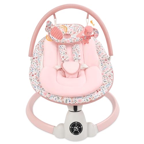 Image of Baby Swing for Infants, Electric Baby Swing with Bluetooth, Portable Infant Swing with 5 Speeds, 10 Lullabies, 5-Point Harness & Remote Control, for Newborns Infants Indoor Outdoor Use (Pink)