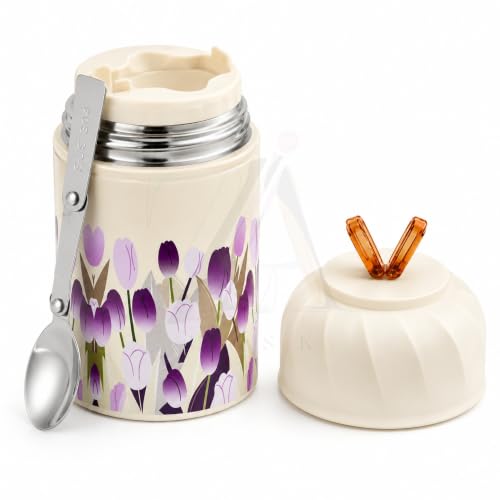 Image of Insulated Stainless Steel 1060ml Lunch Box with 350ml Tumbler | Leakproof Hot Cold Food Container | BPA-Free Cute Tiffin Box for Kids, School, Office, Travel, Picnic (Purple Tulip Floral)