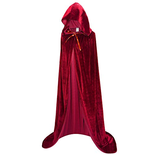 Unisex Full Length Hooded Robe Cloak Long Velvet Cape Cosplay Costume 59 inch(Wine Red)