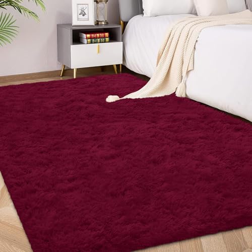 FVVRAX 140x200cm Burgundy Red Shaggy Rug Soft Fluffy Area Rug for Living Room & Bedroom Non-Slip Plush Carpet for Kids Nursery Dorm Machine Washable Large Floor Mat