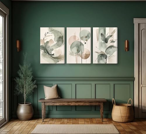 RYZQUBF 3pcs Framed Sage Green And Beige Abstract Canvas Wall Art by RYZQUBF - Used condition - Image 3