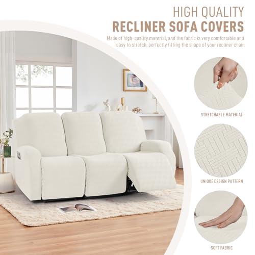 Image of KinCam Recliner Covers, Stretch Reclining Chair Covers, Recliner Sofa Slipcovers Stripe Jacquard Recliner Couch Covers Furniture Protector Covers for Pet Kid (3 Seater, Cream)