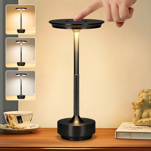 Cordless Table Lamp,Wireless LED Table Lamp Rechargeable for Indoor Outdoor,3 Color Stepless Dimming Night Light Touch Lamp,Battery Operated Table Lamps,Protable Desk Lamp for Home Restaurant Patio