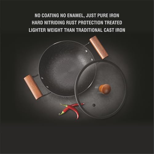 Image of Alda Ironiq Cast Iron Wok 22cm with Lid & Dual Wooden Handles | Pre-Seasoned Kadai | Naturally Non-Stick Heavy Duty Cookware | No Coating No Enamel | Induction & Gas Stove Compatible