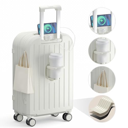 20 Inch Hardside Spinner Wheel Luggage,with USB Interface Cup Holder Hanging Hook and Built-in Lock,Silent Carry on Suitcase White 20Inch