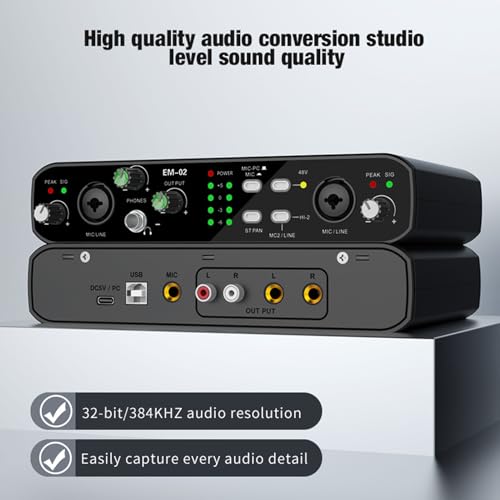 Fockety Scheda Audio USB Esterna, Interfaccia Audio 32bit 384KHZ con Preamplificatore Microfonico e Alimentazione Phantom 48V, per la Registrazione in Streaming Live Karaoke Gaming