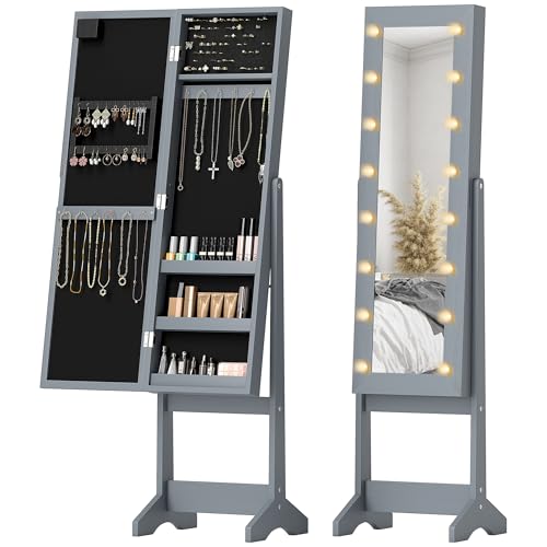 HOMCOM Espejo Joyero con Luces LED, Armario para Joyas, Armario Joyero de Pie con Espejo Entero, Ángulo Ajustable, con Estantes, Ranuras para Anillos, Gris