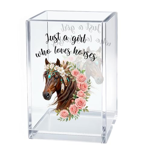 Image of Just A Girl Who Loves Horses Acrylic Pen Holder Cosmetic Organizer, Funny Horseback Riding Pen Pencil Holders for Desk, Equestrian Gifts Makeup Brush Organizer, Horse Lover Desk Accessories