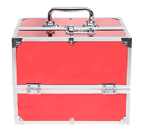 Image of Adson Professional Beauty Make Up Cosmetic Vanity Box /Case 6 Trays With Mirror (Diamond Cut Red)