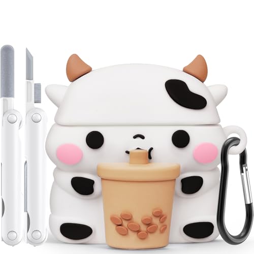 Cute Cases for AirPods 4 Case Cover 2024 with Cleaner Kit,Funny 3D Cartoon Animal AirPods 4th Generation Case,Soft Silicone Kawaii Boba Tea Cow AirPods 4 Gen with Keychain for Women Girls Boys Kids