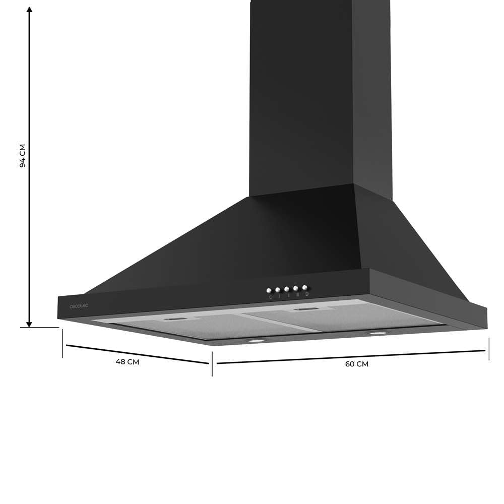 Cecotec Hotte Aspirante Pyramidale de 60 cm Bolero Flux PM 604300 Noir C. Moteur 105 W, Aspiration 430 m3/h, Commande Mécanique, 3 Niveaux de Puissance, Lumière, Filtre en Aluminium, Finition Noire
