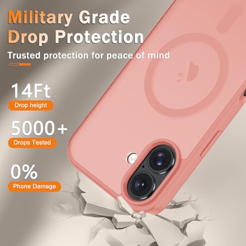 Image of YENAPOON for iPhone 16 Plus Case, Matte Magnetic Phone Cover [with 1 Screen Protector] [Support for MagSafe] [Shockproof Military Grade Protection] Translucent Frosted Back, Pink