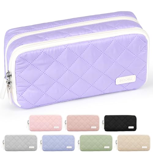 Image of Sooez Large Pencil Case Pouch, Extra Big Pencil Bag with 8 Compartments, Pen Bag Wide Opening, Soft Quilted Pencil Pouch Organizer with Zipper, Portable Pencil Case for Teen Girls, Light Purple