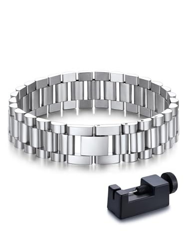 Bandmax Stainless Steel Watch Strap Link Chain Bracelets 10MM/15MM Waterproof Chic Chunky Fake Watch Hand Chain Wristbands Gift for Men Women, Custom Available