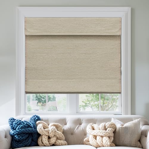Keego Cordless Custom Roman Shades Thermal Insulating Natural Woven Fabric Light Filtering Roman Window Shades for Bedroom and Living Room Lemon(with Lining, Block 90% Light) 20
