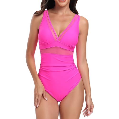 Bañador con Falda Bañador Palabra De Honor Mujer Traje De Baño Bikini Mujer Reductor Deportivo (Hot Pink L)