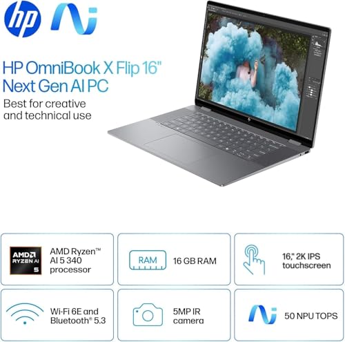 Image of HP OmniBook X Flip 16 inch 2K Touchscreen 2-in-1 Copilot+ Laptop, AMD Ryzen AI 5 340, 16GB RAM 2TB SSD, Wi-Fi 6E, Bluetooth 5.3, Backlit Keyboard, 256gb 9H Docking Station, Windows 11 Pro, Meteor Silver