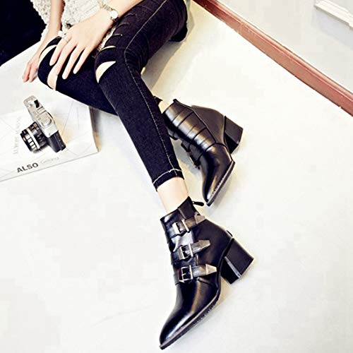 VOKLIN Women's Pointed Toe Chelsea Ankle Boots Buckle Strappy Block Heel Booties Zipper Western Short Boot3