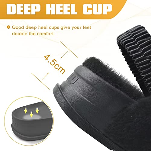Kuailu Womens Fuzzy Criss Cross Band Platform Slippers Back Strap Fluffy Furry Faux Fur Ladies Open Toe Slingback Slide Slippers Cozy Soft Plush Fleece Comfy House Shoes Sandals Indoor Outdoor Black 8 #TOP3