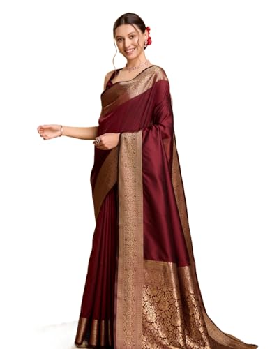Image of SWORNOF Women's Silk Kanjivaram Kanchipuram Saree With Blouse Piece