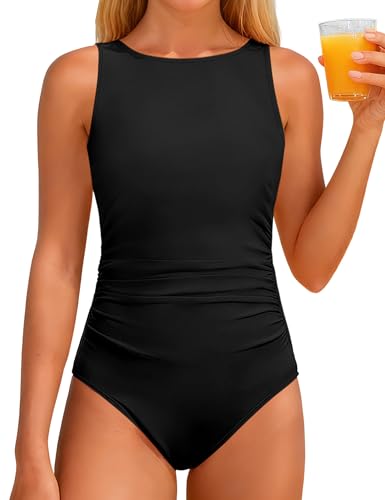 Image of CRISONE Girls Swimsuit High Neck Girls Bathing Suit Cross Back Ruched Gradien One Piece Girl Swimwear 9-16Y