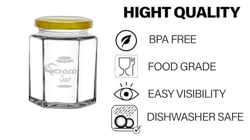 Image of CROCO JAR Hexagon Glass Jar Set of 12 (200 ml) | Airtight Gold Lid Mini Glass Storage Jars for Spices Mouth Freshener & Condiments