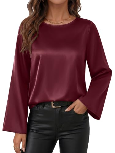 ANRABESS Womens Satin Bell Sleeve Boat Neck Blouse Shirts,Wine Red,M - image 1