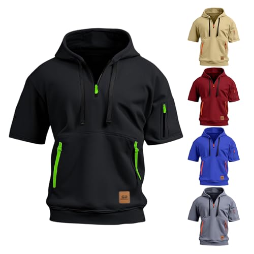 Thatrich Short Sleeve Hoodies for Men Lightweight Quarter Zip Pullover Athletic Workout Hooded Sweatshirt with Zipper Pockets