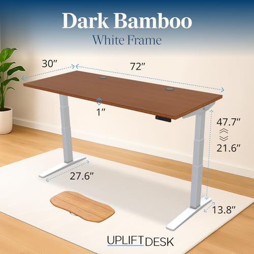 Image of UPLIFT DESK Dark Bamboo (72 x 30 inch) Standing Desk 2-Leg V3 Adjustable Stand Up C-Frame (White), Advanced Keypad, Wire Grommets, Wire Tray, Rocker Board