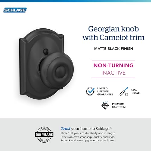 Image of SCHLAGE Lock Company SCHLAGE Knob with Camelot Trim Non-Turning Lock, Matte Black (F170 GEO 622 CAM)