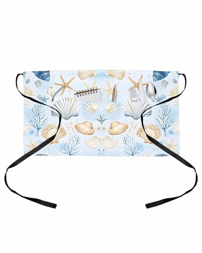 PIEPLE Coastal Server Apron Waitress Aprons with 3 Pockets, Summer Nautical Beach Shell Starfish Coral Half Waist Waiter Aprons Restaurant Chef Aprons for Women Men
