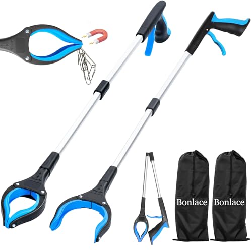 Bonlace Pince Ramasse Objet 83cm Lot de 2, Pince Telescopique Pince pour Ramasser avec Embouts Magnétiques 12 cm Large 360°Tête Rotative Sac de Rangement,...