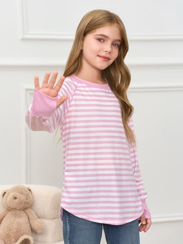 Haloumoning Girls Striped Thumb Hole Long Sleeve Shirts Kids Crewneck Tunic Tops Curved Hem Tees 5-14 Years4