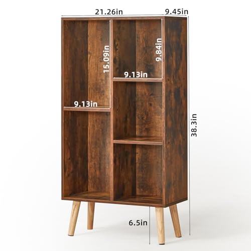 LEYAOYAO 5 Cube Small Bookshelf,3 Tier Mid-Century Bookcase with Legs,Wood Bookshelves Storage Organizer Shelf,Narrow Book Shelves,Brown Bookcases