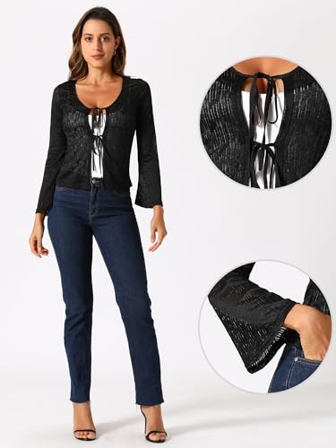 Image of Allegra K Lace Shrug Top for Women's Tie Front Bell Long Sleeve Bolero Cardigan Medium Black