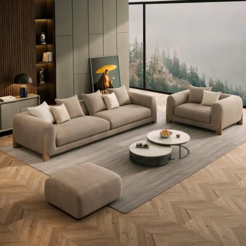 Image of Upholstered 3 Seater Sofa Three Seater Sofa with Wooden Legs for Living Room Hotels & Offices (3+1+Ottoman Taupe)