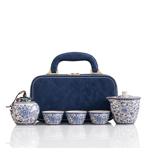 LYADH Portable Chinese Tea Set with Travel Case Ru Kiln Style Blue and White Porcelain Gongfu Tea Set 6-Piece Set with 200ml Teapot & 3 Small Cups Gift for Tea and Arabic Coffee Lovers