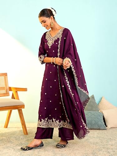 Image of Naixa Women's Vichitra Silk Embroidered A-Line Kurta with Pant and Dupatta Sets (NX-845)