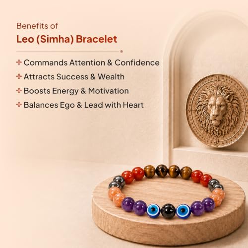 Image of Simha (Leo) Rashi Bracelet | Tiger's Eye, Carnelian, Pyrite, Sunstone,Amethyst, Evil Eye | Ideal For Career Growth & Recognition | Enhances Charisma, Confidence & Authority |For Men & Women