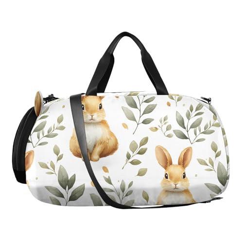 Duffle Bag for Boys or Girls with Shoes Compartment, Watercolor Rabbit Leaves Sports Travel Bag Overnight2