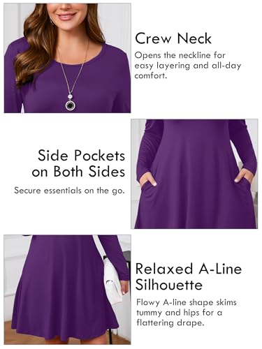 Image of AusLook Women's Plus Midi Dress Long Sleeve Crew Neck A-Line Swing Flowy Vacation Fall Wedding Guest Dresses with Pocket 1-5X