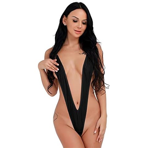 dPois Women's Sexy Weeny Sling Shot Micro Mini Bikini Thong Bodysuit Teddy Mankini Swimsuit Black Type A One Size Cover
