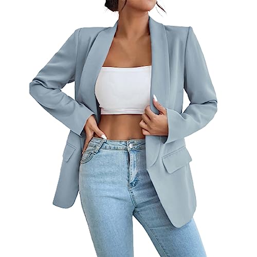 L9WEI Blazer - Chaqueta elegante para mujer, con solapa, elegante, larga, para oficina, para otoño, fina, de manga larga, blazer corto, azul claro, XL