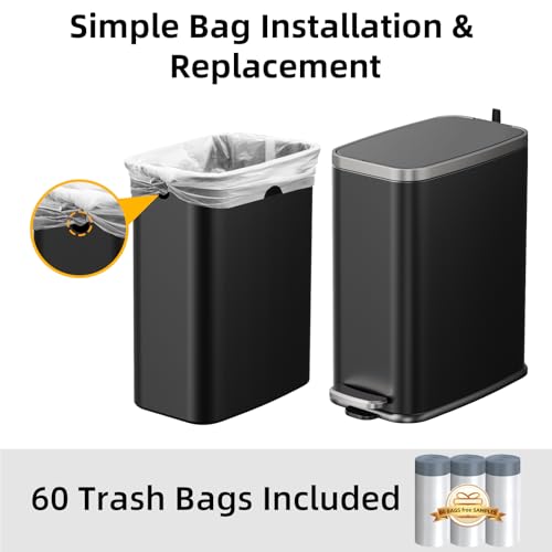 Image of KdbK Stainless Steel Bathroom Trash Can with Lid Soft Close,1.6 Gallon Slim Garbage can,Small Metal Step Wastebasket for Office, Bedroom, Toilet, Black
