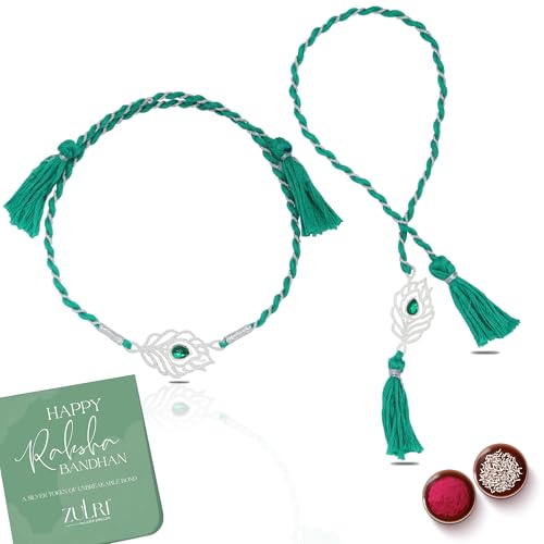 Image of 92.5 Sterling Silver Peacock Feather with Stone Thread Rakhi For Rakshabandhan | Rakhi With Fragrance Greeting Card & Roli Chawal and Silver Certificate of Authenticity