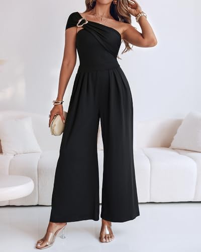 CHICME Women's Jumpsuit Dressy One Shoulder Buckle Decor Ruched Wide Leg Jumpsuits Elegant Party Overall2