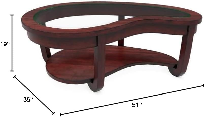 BOWERY HILL Coffee Table, 51" W x 35" D x 19" H, Solid Wood and MDF with Glass Inserts, Dark Cherry Finish, Transitional Style, Elegant Curving Shape, Lower Shelf for Storage, Living Room Furniture