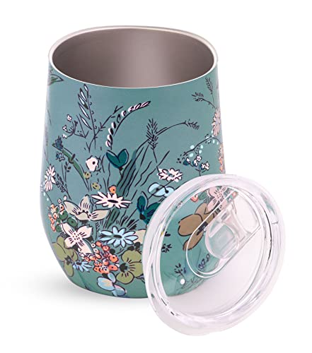 Vera Bradley Insulated Wine Tumbler, 12 Ounce Travel Cup, Green Floral Stainless Steel Tumbler With Lid, Sunlit Garden Greek Sage #TOP1