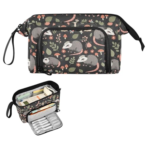 Image of Opossum Mushroom Black Print Pencil Case Pouch Big Capacity Pencil Bag Box Organizer Pen Case with Compartmens Stationery Organizer for Girls Boys Women School College Office