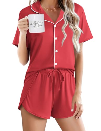 Image of Ekouaer Pajamas for Women Set Button Up Sleepwear 2 Piece Pjs Lounge Set Short Sleeve Nightwear